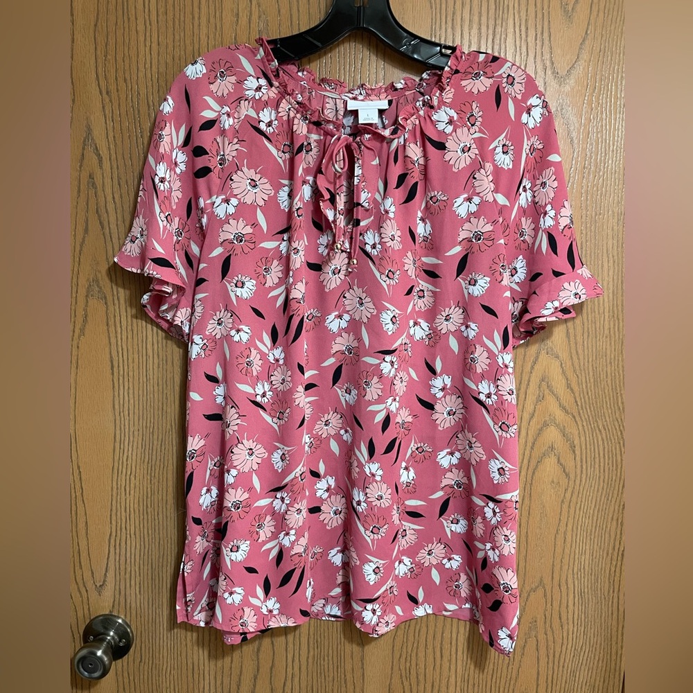 Pink Floral Blouse with Tie Front and Flutter Sleeves